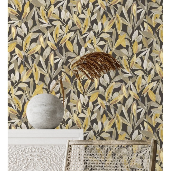 Papel pintado de hojas pequeñas tropicales color mostaza fondo oscuro - Haiti 128404