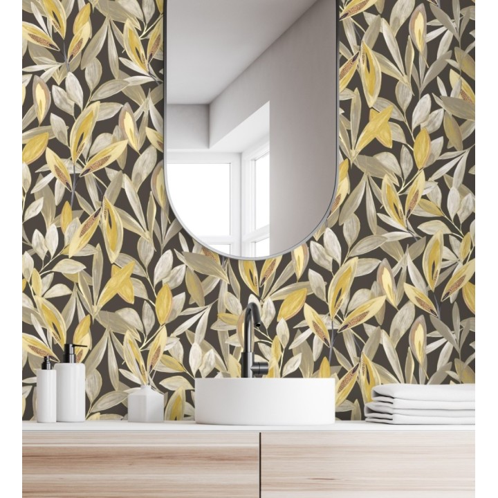 Papel pintado de hojas pequeñas tropicales color mostaza fondo oscuro - Haiti 128404