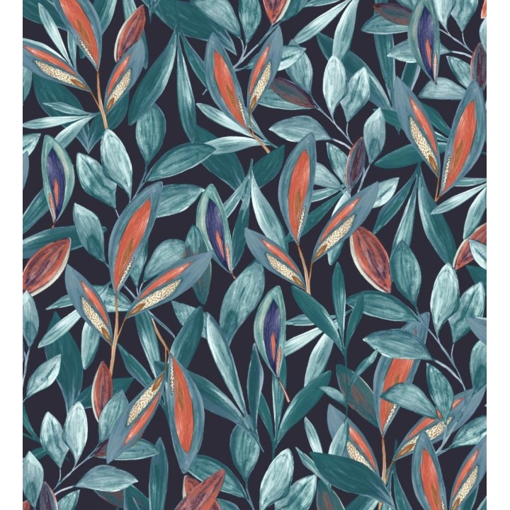 Papel pintado de hojas pequeñas tropicales color azul fondo negro - Haiti 128405