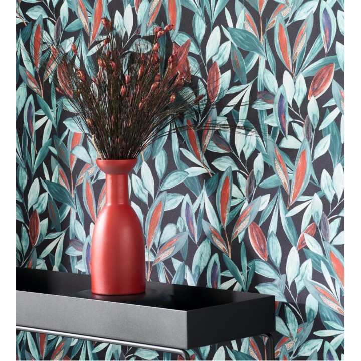 Papel pintado de hojas pequeñas tropicales color azul fondo negro - Haiti 128405