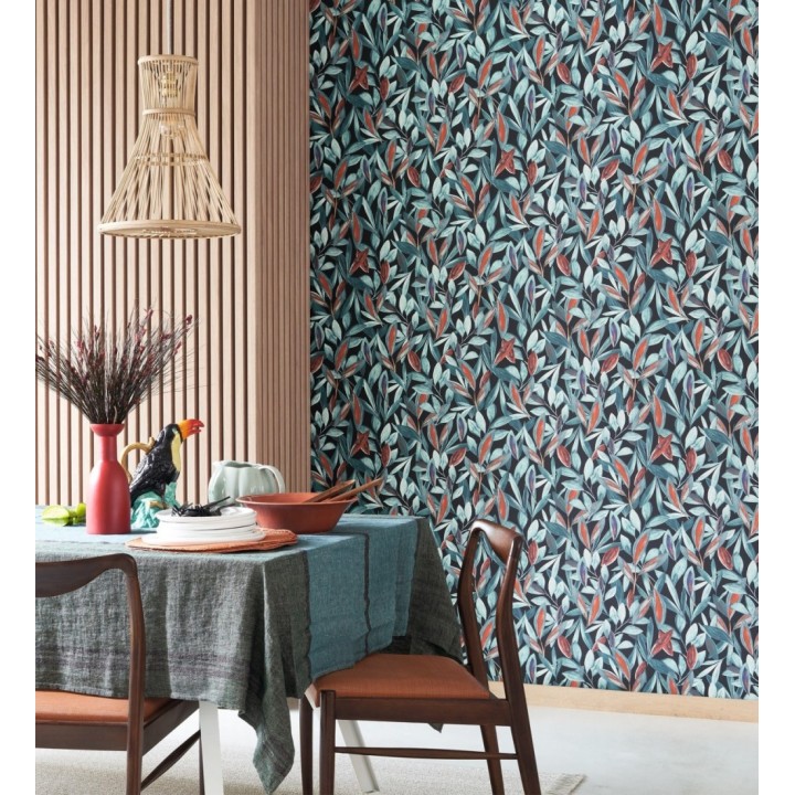 Papel pintado de hojas pequeñas tropicales color azul fondo negro - Haiti 128405