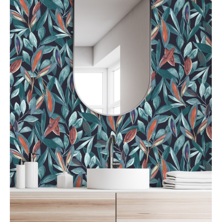 Papel pintado de hojas pequeñas tropicales color azul fondo negro - Haiti 128405