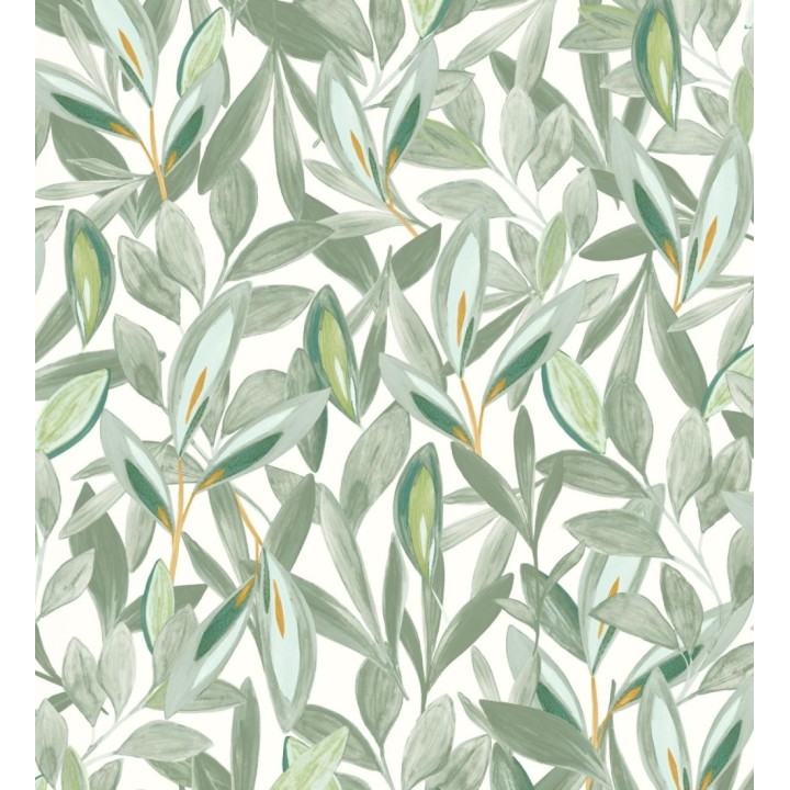 Papel pintado de hojas pequeñas tropicales verdes fondo blanco - Haiti 128406
