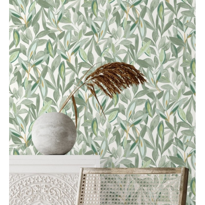 Papel pintado de hojas pequeñas tropicales verdes fondo blanco - Haiti 128406