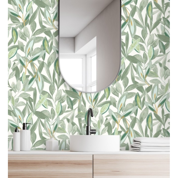 Papel pintado de hojas pequeñas tropicales verdes fondo blanco - Haiti 128406