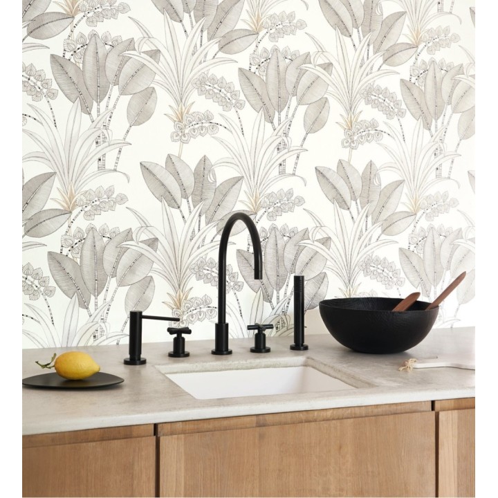Papel pintado hojas de palma estilo tropical colores pálidos y grises - Nassau 128408