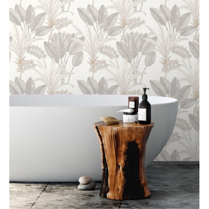 Papel pintado hojas de palma estilo tropical colores pálidos y grises - Nassau 128408