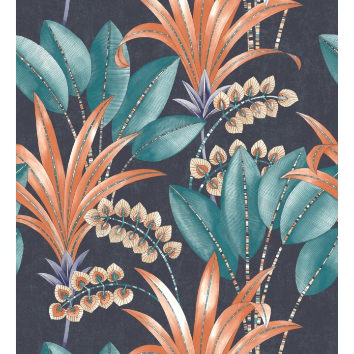 Papel pintado hojas de palma estilo tropical color coral turquesa y azul - Nassau 128409