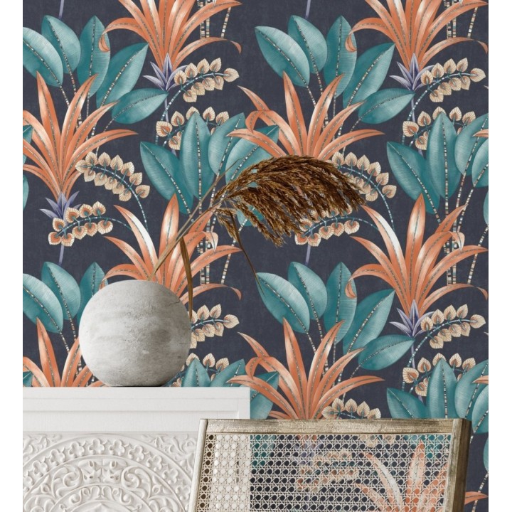 Papel pintado hojas de palma estilo tropical color coral turquesa y azul - Nassau 128409