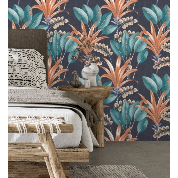 Papel pintado hojas de palma estilo tropical color coral turquesa y azul - Nassau 128409