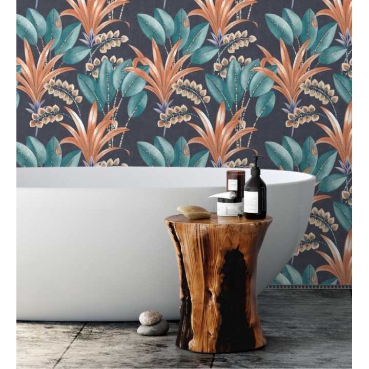 Papel pintado hojas de palma estilo tropical color coral turquesa y azul - Nassau 128409