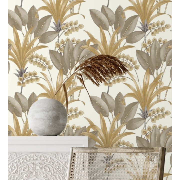 Papel pintado hojas de palma estilo tropical tonos marrones y ocres - Nassau 128410