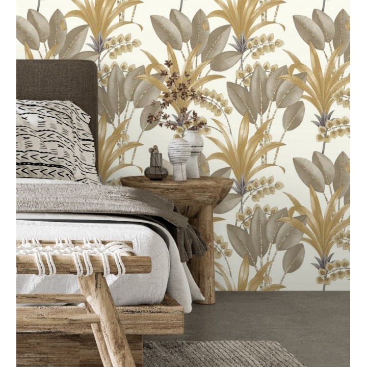 Papel pintado hojas de palma estilo tropical tonos marrones y ocres - Nassau 128410