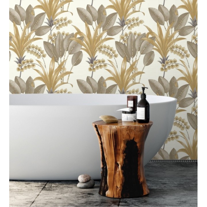 Papel pintado hojas de palma estilo tropical tonos marrones y ocres - Nassau 128410