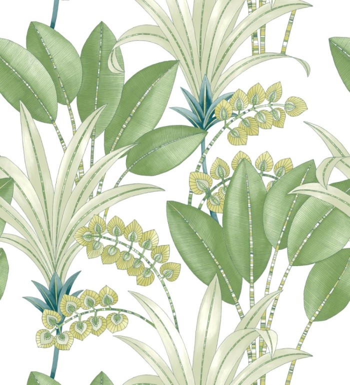 Papel pintado hojas de palma estilo tropical color blanco y verde - Nassau 128412