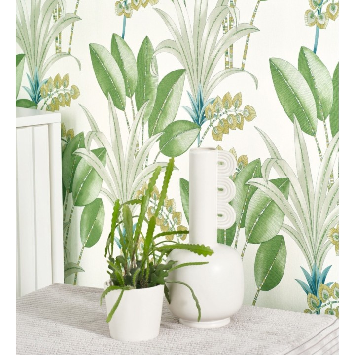 Papel pintado hojas de palma estilo tropical color blanco y verde - Nassau 128412