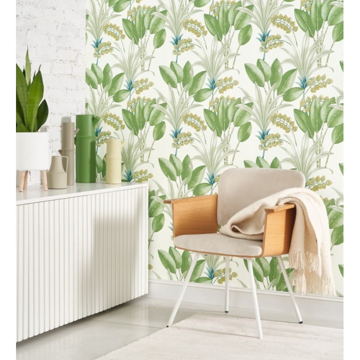 Papel pintado hojas de palma estilo tropical color blanco y verde - Nassau 128412