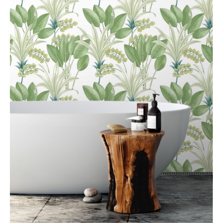 Papel pintado hojas de palma estilo tropical color blanco y verde - Nassau 128412