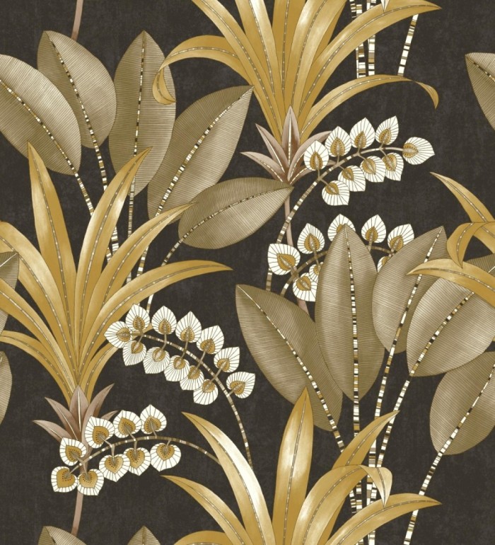 Papel pintado hojas de palma estilo tropical color marrón blanco y ocre - Nassau 128414