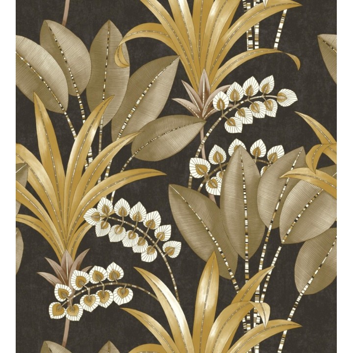 Papel pintado hojas de palma estilo tropical color marrón blanco y ocre - Nassau 128414