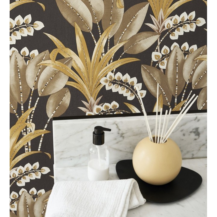 Papel pintado hojas de palma estilo tropical color marrón blanco y ocre - Nassau 128414