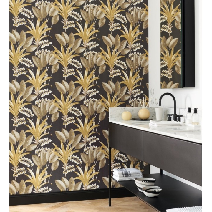 Papel pintado hojas de palma estilo tropical color marrón blanco y ocre - Nassau 128414