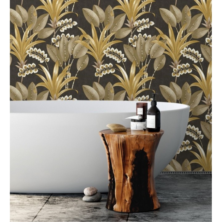 Papel pintado hojas de palma estilo tropical color marrón blanco y ocre - Nassau 128414