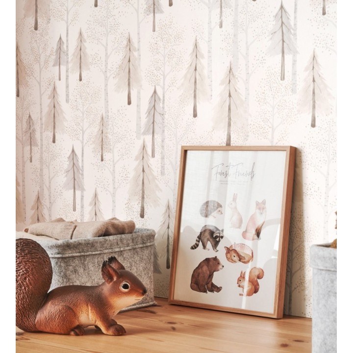 Papel pintado bosque de árboles rosa para niños estilo nórdico - Dylan Forest 128419