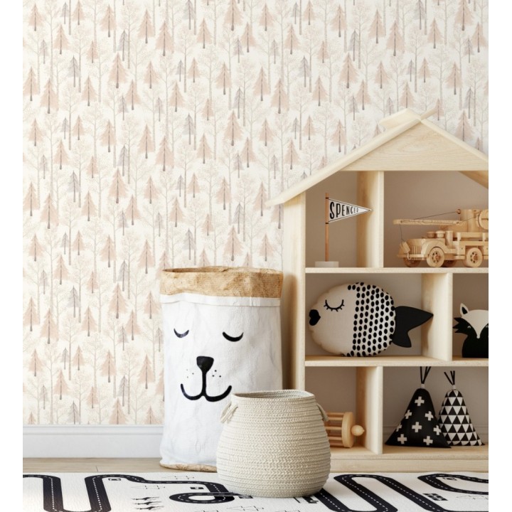 Papel pintado bosque de árboles rosa para niños estilo nórdico - Dylan Forest 128419