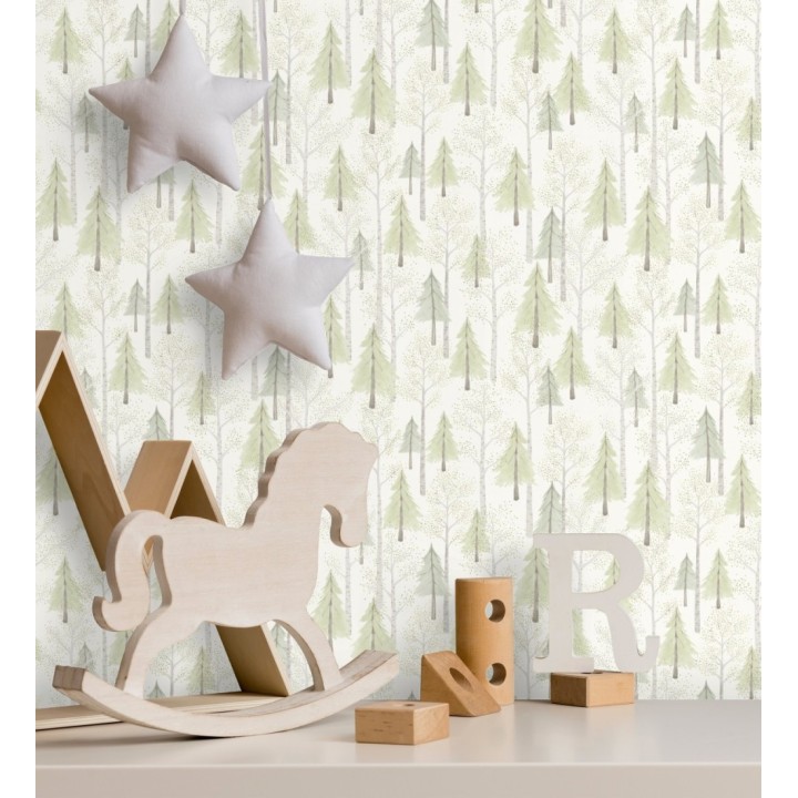 Papel pintado bosque de árboles verdes para niños estilo nórdico - Dylan Forest 128420