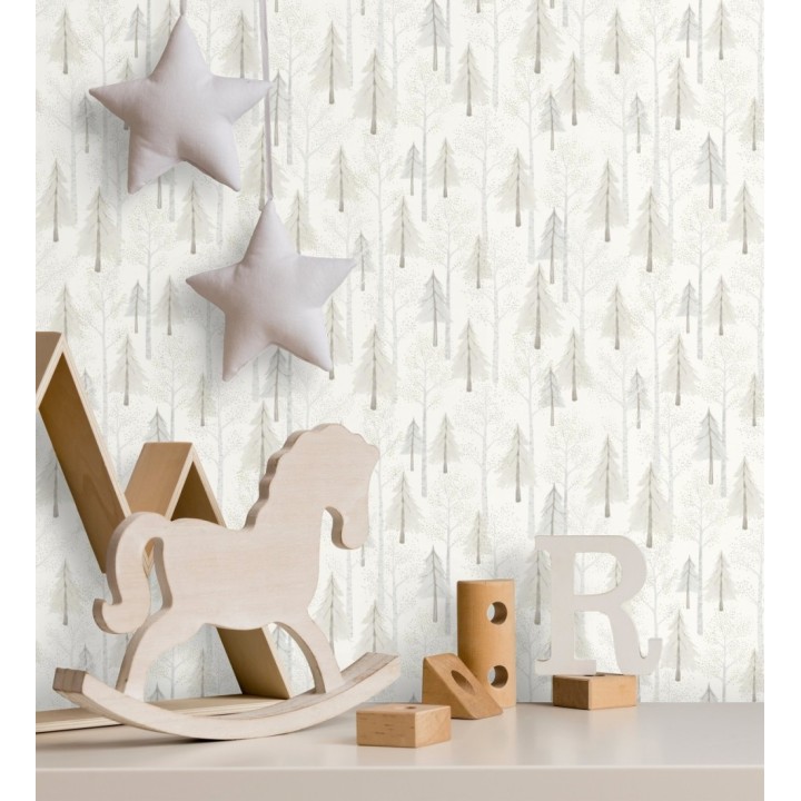 Papel pintado bosque de árboles grises para niños estilo nórdico - Dylan Forest 128421