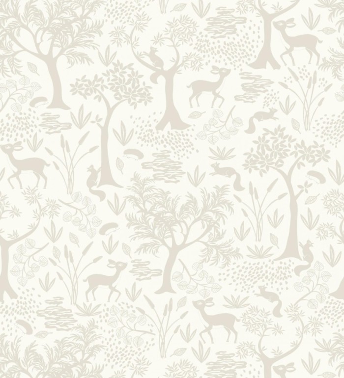 Papel pintado de animales ciervos y ardillas del bosque blanco y beige - Faline Forest 128424