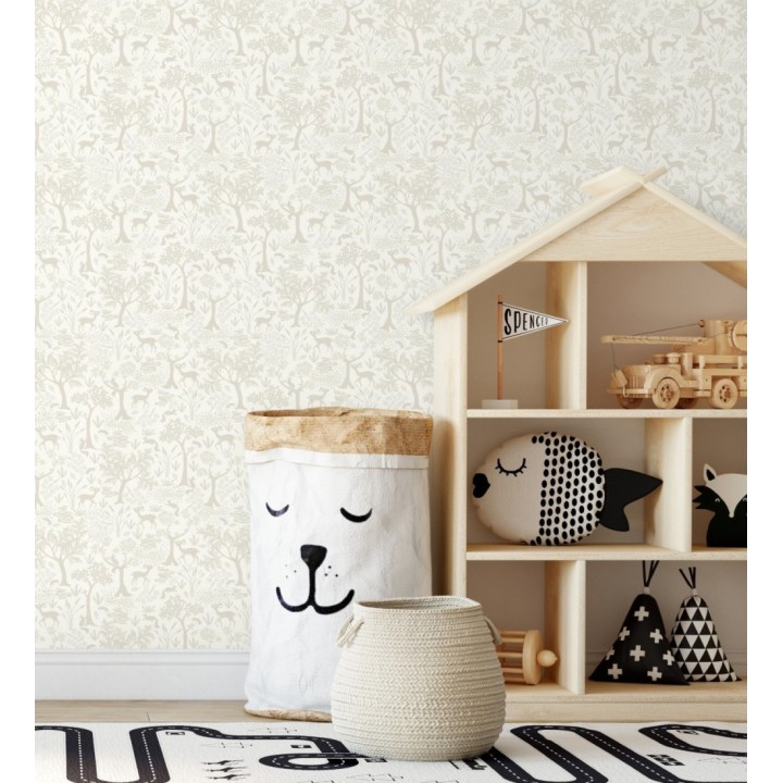 Papel pintado de animales ciervos y ardillas del bosque blanco y beige - Faline Forest 128424
