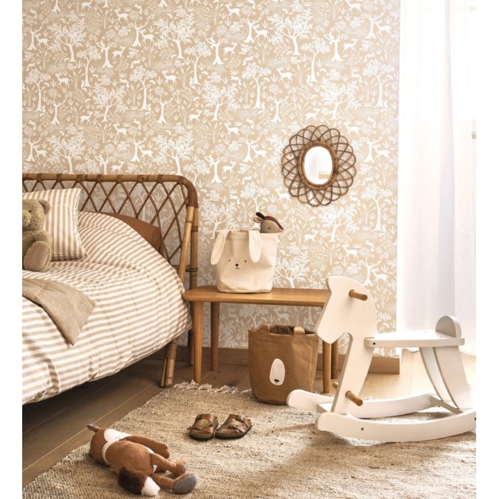 Papel pintado de animales ciervos y ardillas del bosque beige claro - Faline Forest 128425