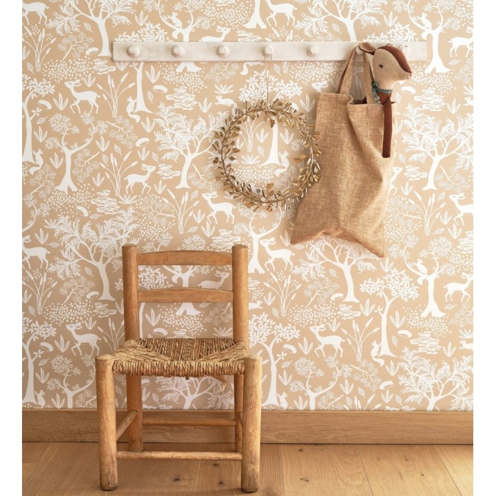 Papel pintado de animales ciervos y ardillas del bosque beige claro - Faline Forest 128425