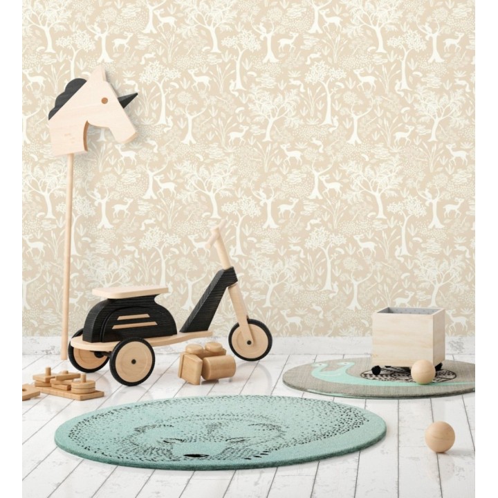 Papel pintado de animales ciervos y ardillas del bosque beige claro - Faline Forest 128426