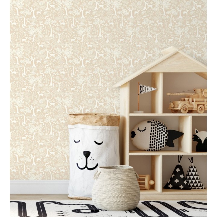 Papel pintado de animales ciervos y ardillas del bosque beige claro - Faline Forest 128426