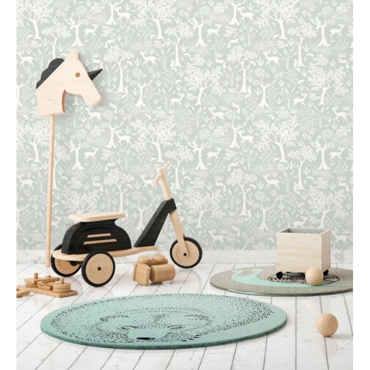 Papel pintado de animales ciervos y ardillas del bosque verde agua - Faline Forest 128427