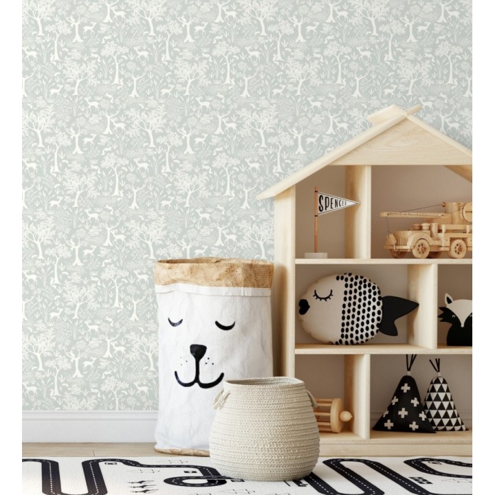 Papel pintado de animales ciervos y ardillas del bosque verde agua - Faline Forest 128427