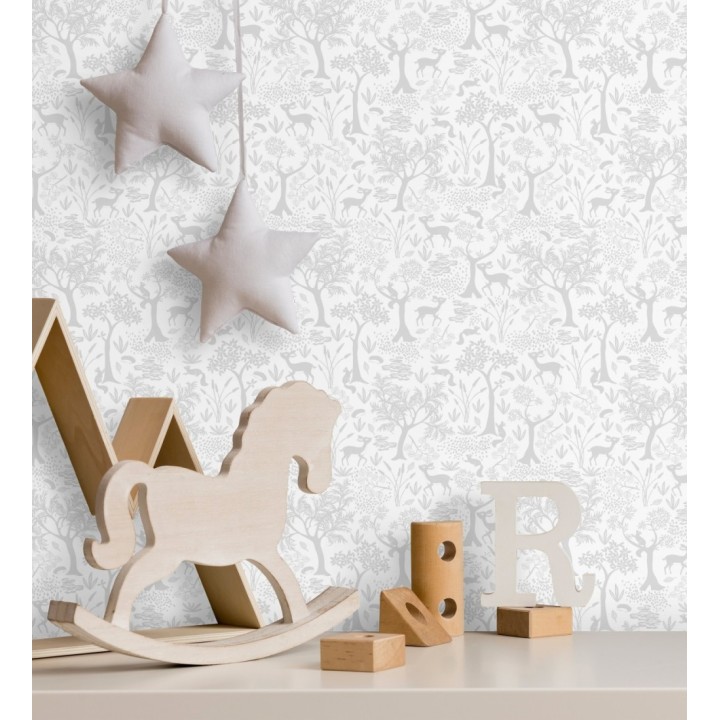 Papel pintado de animales ciervos y ardillas del bosque blanco y gris - Faline Forest 128429