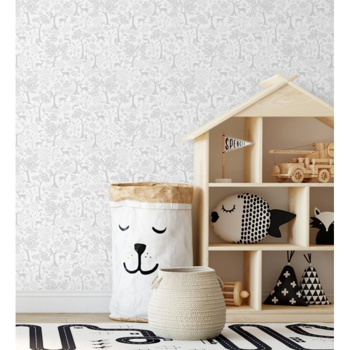 Papel pintado de animales ciervos y ardillas del bosque blanco y gris - Faline Forest 128429