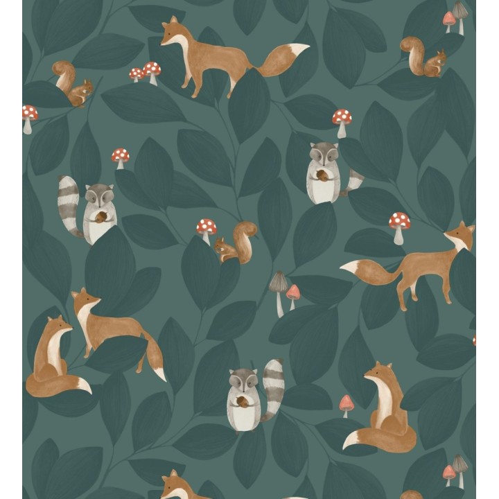 Papel pintado de hojas infantil con zorros y mapaches - Tod Family 128430
