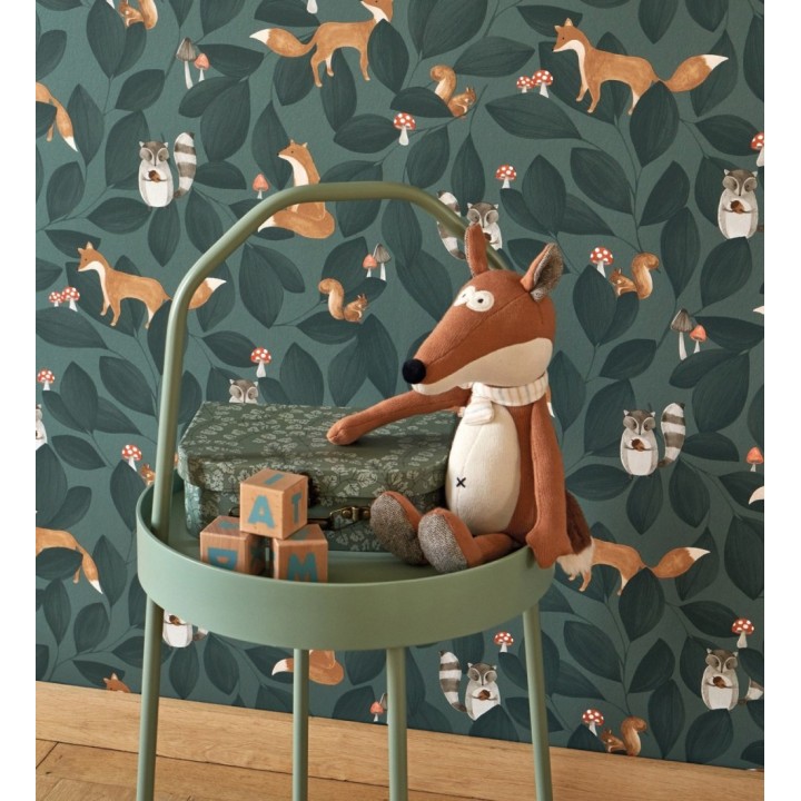 Papel pintado de hojas infantil con zorros y mapaches - Tod Family 128430
