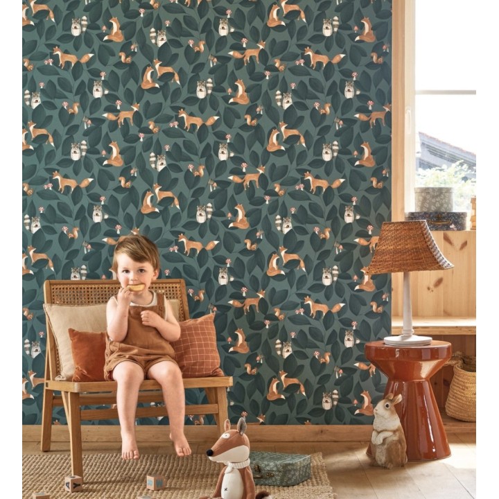 Papel pintado de hojas infantil con zorros y mapaches - Tod Family 128430