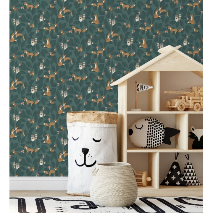 Papel pintado de hojas infantil con zorros y mapaches - Tod Family 128430