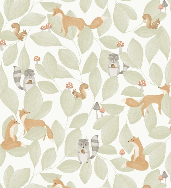 Papel pintado de hojas infantil con zorros y mapaches - Tod Family 128431