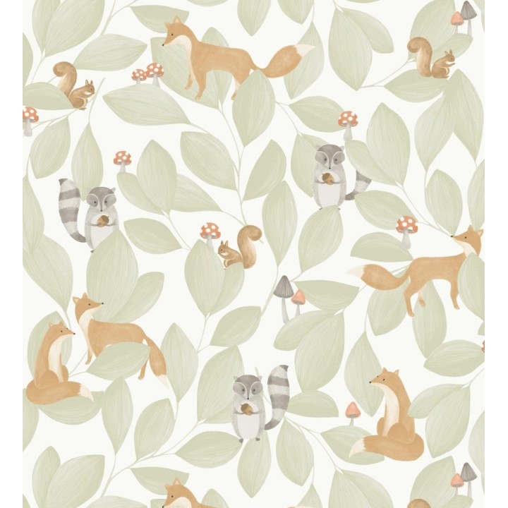 Papel pintado de hojas infantil con zorros y mapaches - Tod Family 128431