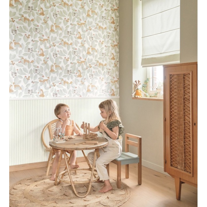 Papel pintado de hojas infantil con zorros y mapaches - Tod Family 128431