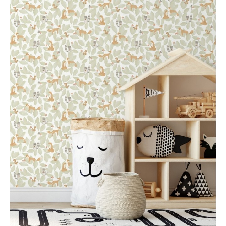Papel pintado de hojas infantil con zorros y mapaches - Tod Family 128431