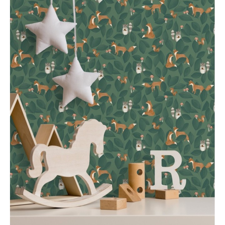Papel pintado de hojas infantil con zorros y mapaches - Tod Family 128432